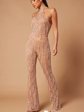 Nude Sequin Halter Boot-Cut Flare Jumpsuit